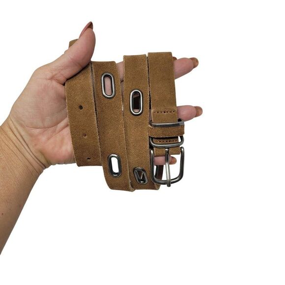 AEO Unisex Camel Brown Suede Cow Leather Belt L/XL Open Studded Country Cowboy - Picture 1 of 10